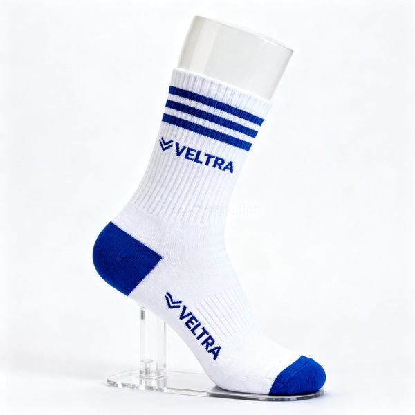 Example white corporate sock with blue wordmark