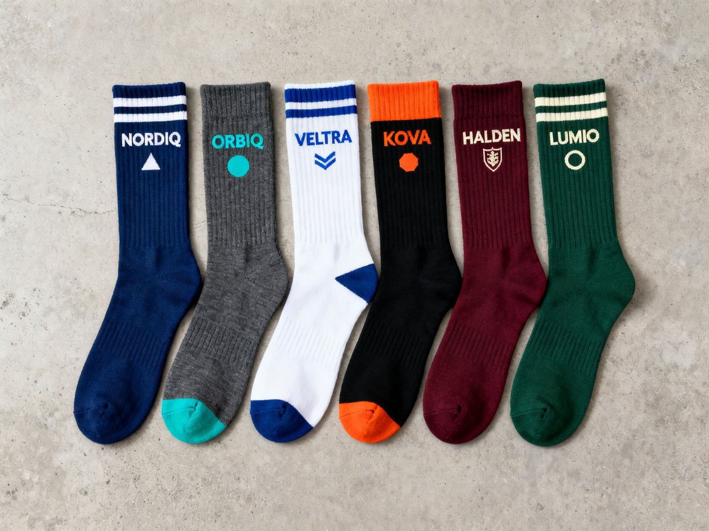 Six custom corporate socks with knitted company logos