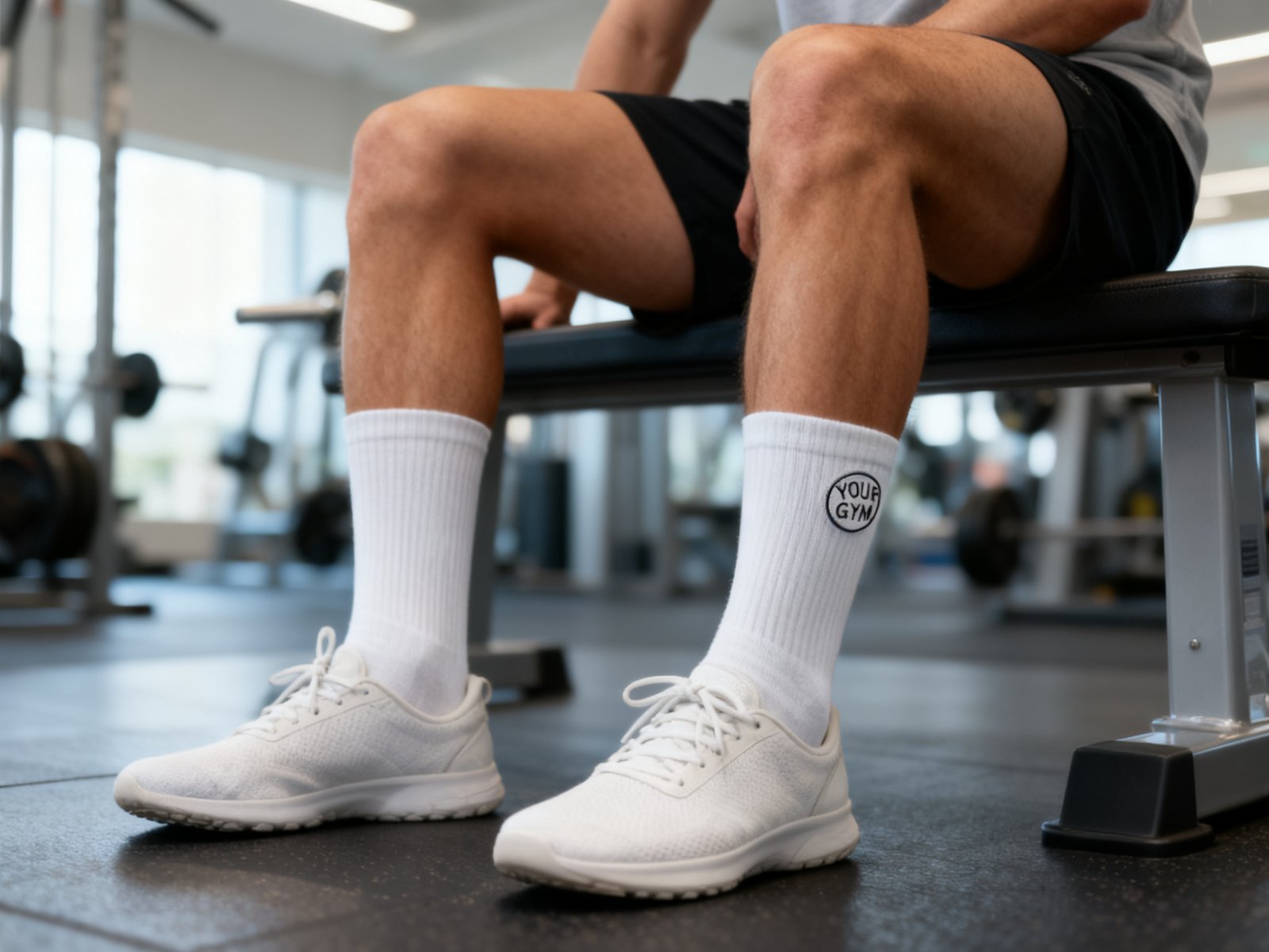 Custom gym-branded grip socks worn in the gym
