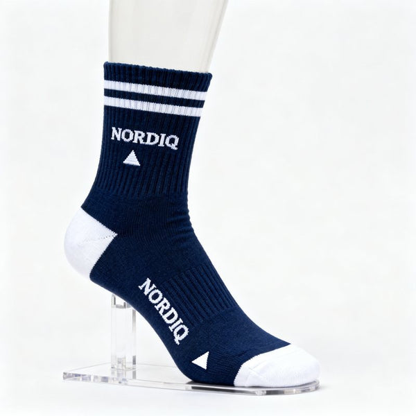 Example navy corporate sock with knitted wordmark