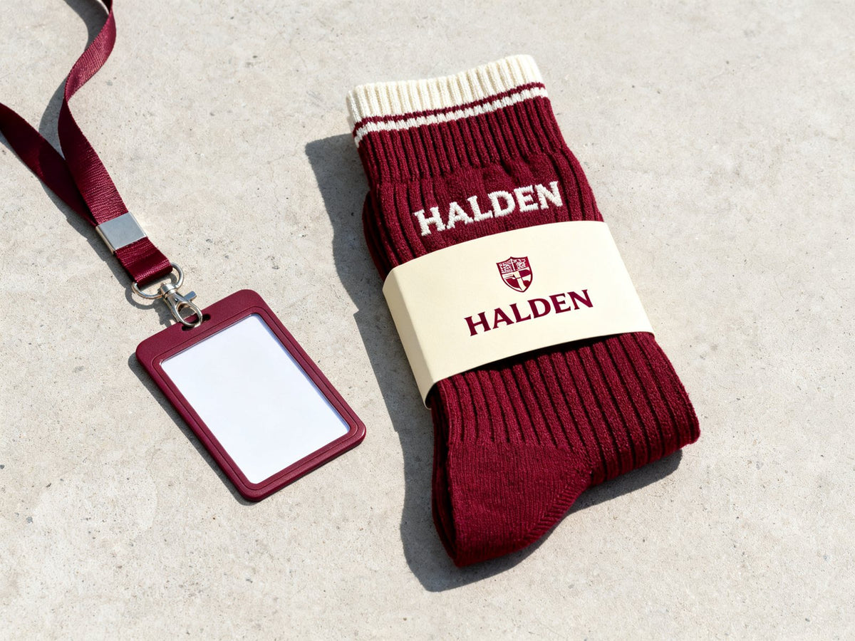 Custom knit logo socks in branded gift packaging