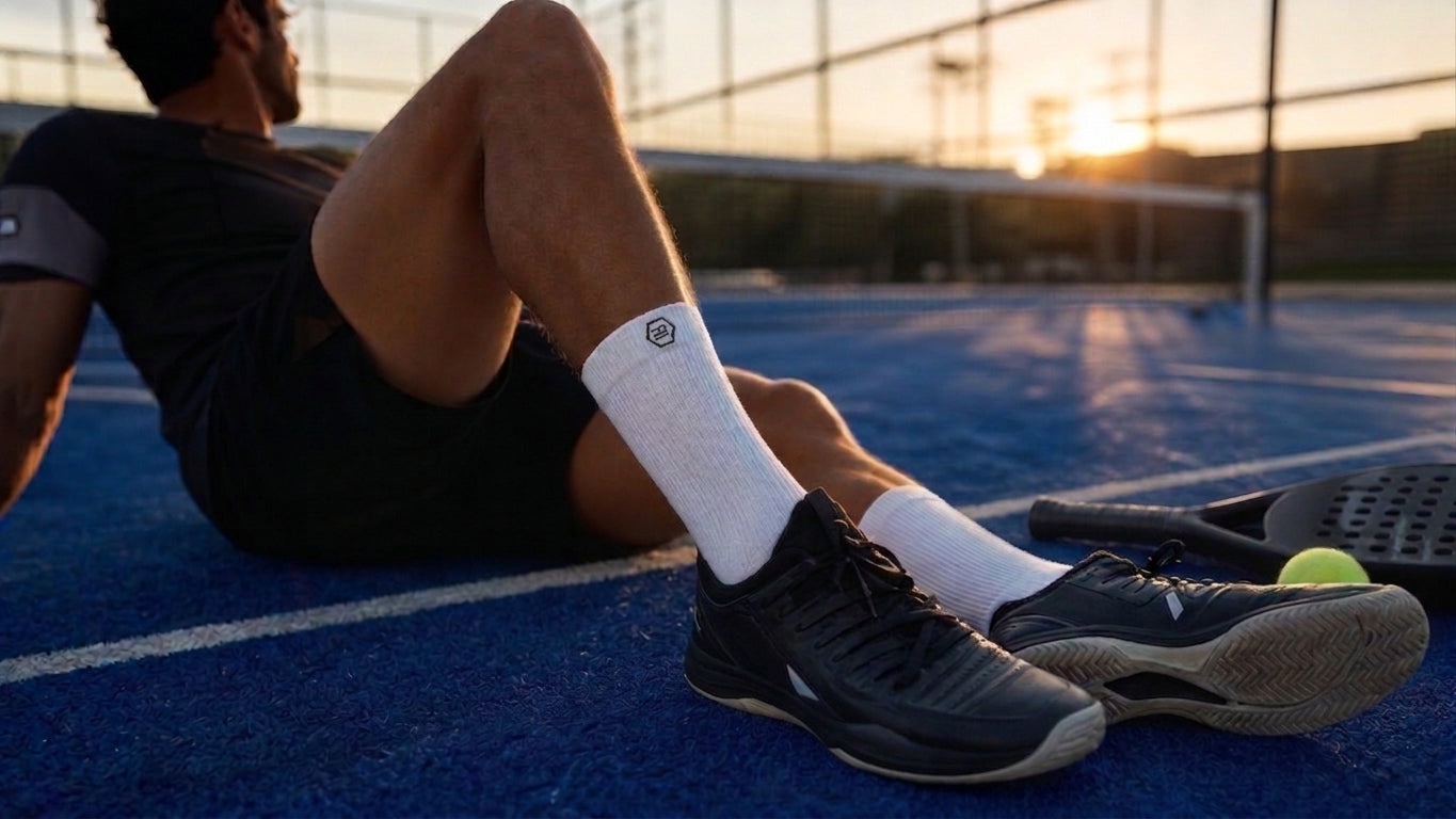 Athlete wearing NXTWAVE grip socks for padel