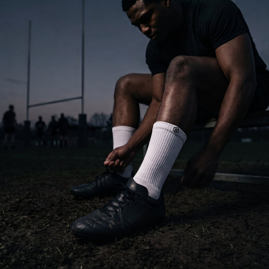 Rugby player lacing boots in NXTWAVE grip socks